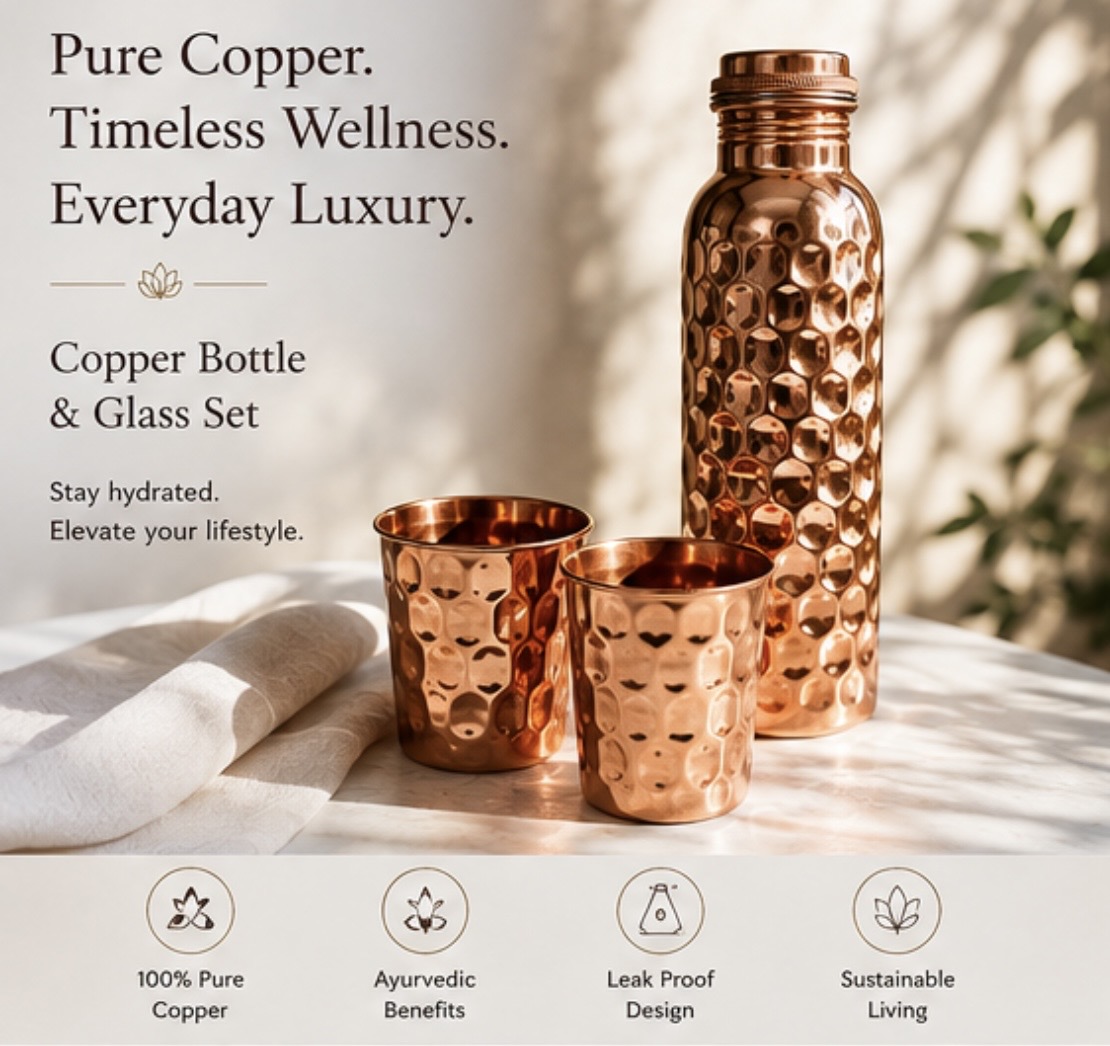 Pure copper bottle and glass set with product details